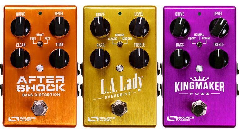 Source Audio One Pedal Front L.A. Lady Overdrive Kingmaker Fuzz Aftershock Bass Overdrive