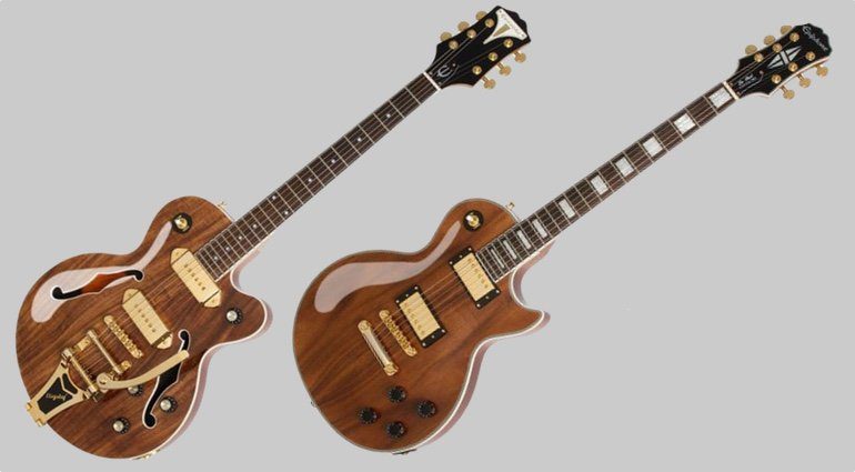 Epiphone Les Paul Custom und Wildkat mit Koa-Decke ... epiphone hollow body bass wiring diagram 