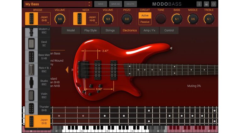 IK Multimedia MODO Bass Plug-in GUI Elektronik Tonabnehmer Fenster