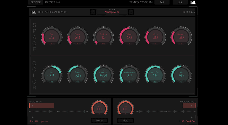 Numerical Audio RF1 iPad iOS app Reverb Plug-in GUI