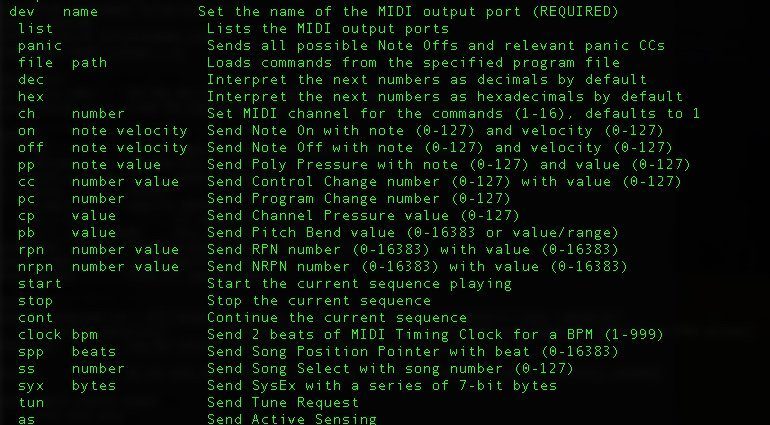 SendMIDI Terminal macOS Output Befehlsliste