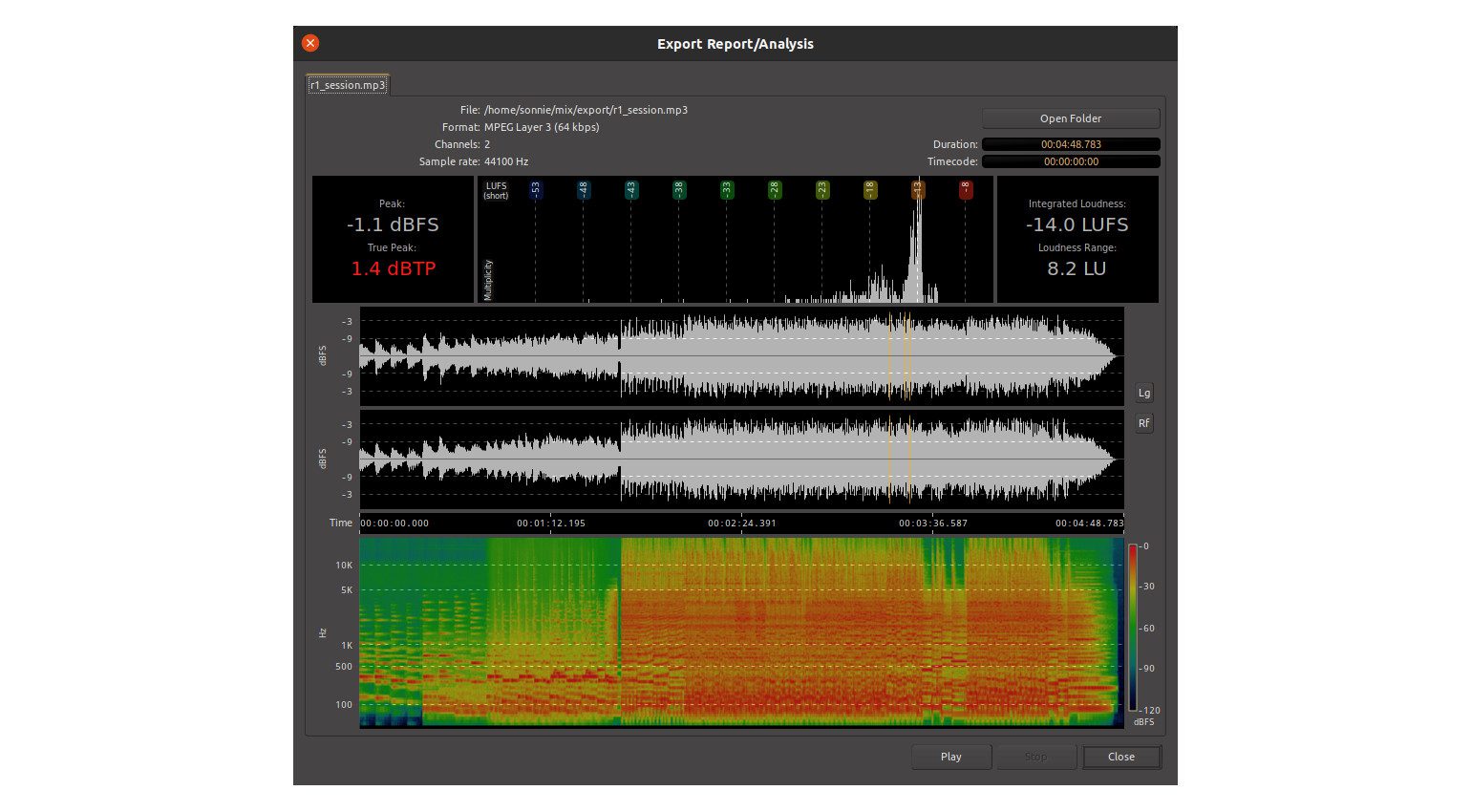 Mixbus 6 Export Audio Track Analyse LUFS Spektrum