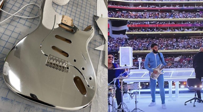 PRS-Silver-Sky-Chrome-Super-Bowl-guitar-player-during-Dr-Dre-Snoop-Dog-and-Eminem-half-time-show