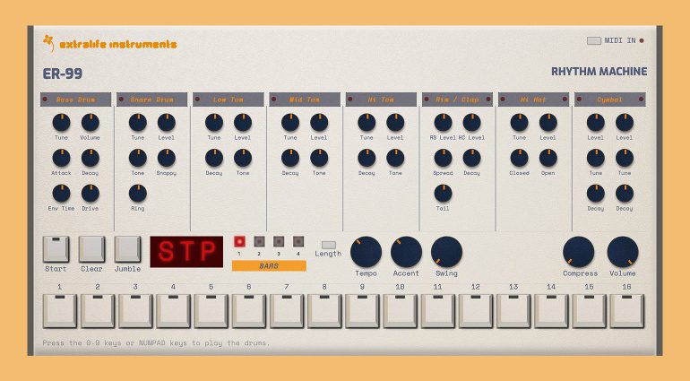 Kostenlos: Extralife Instruments ER-99 - die TR-909 im Browser!
