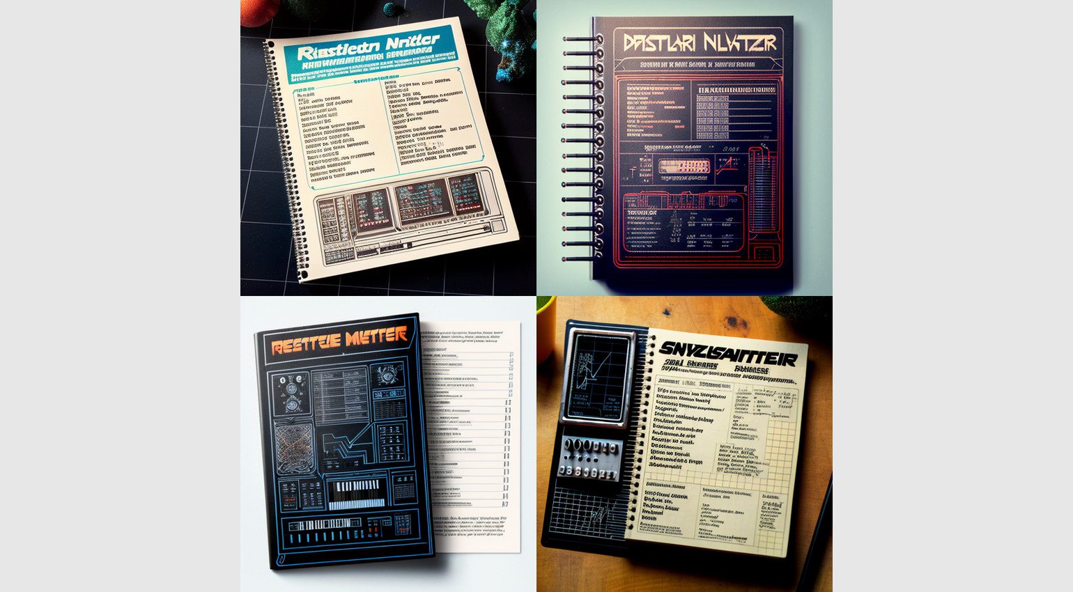 Vier Vorschläge vom Prompt in Midjourney: "Synthesizer manual in the style of a Heavy Metal Recipe Book from the 1980s"