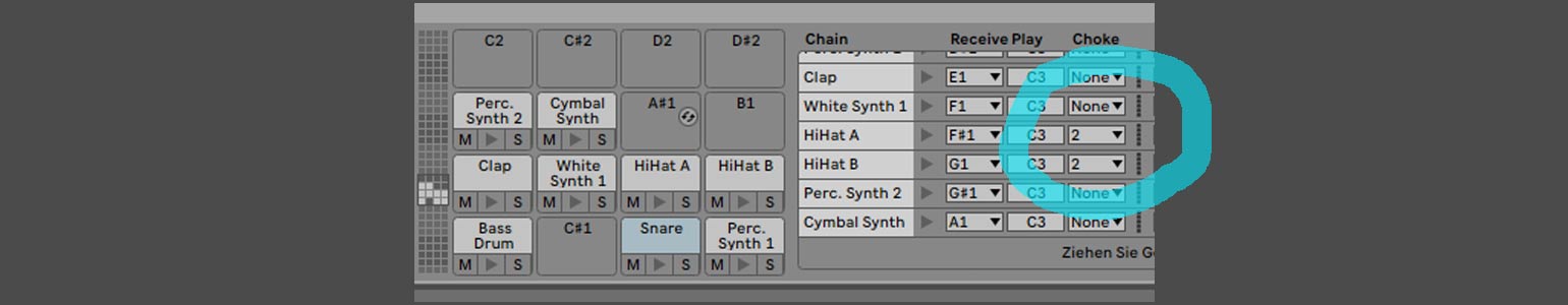 Die Choke-Funktion im Drum Rack ermöglicht das gegenseitige Stummschalten von Sounds die dem gleichen Kanalen zugewiesen sind