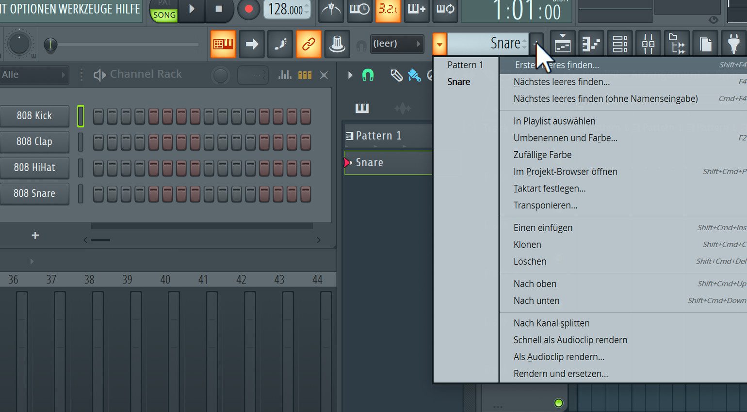 Das kleine "+" neben "Snare" erzeugt neue Pattern. Dann erzeugt ihr weitere Rhythmen im FL Studio Tutorial.