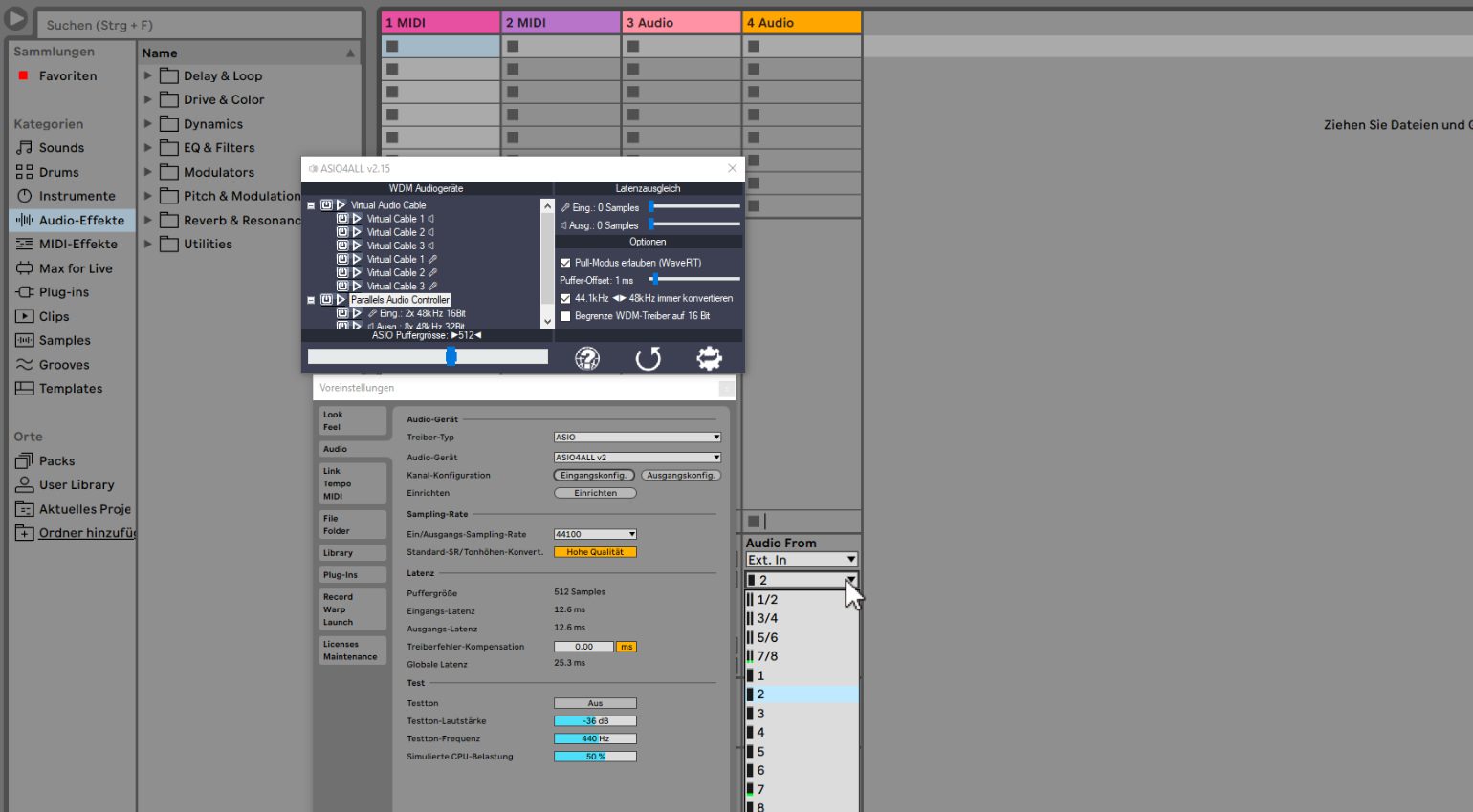 Die ASIO4ALL-Konfiguration in Ableton Live. 