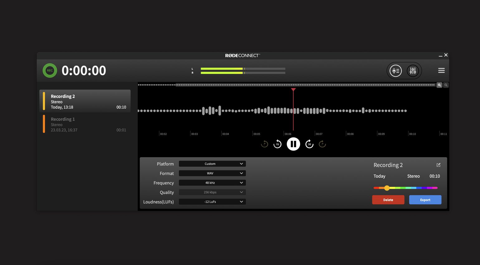 Audio Export in Rode Connect.