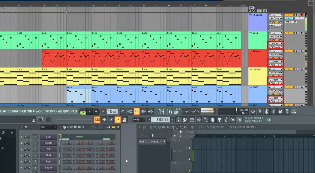 FL Studio in Ableton mit den (rote Kästen rechts) eingestellten MIDI-Kanälen