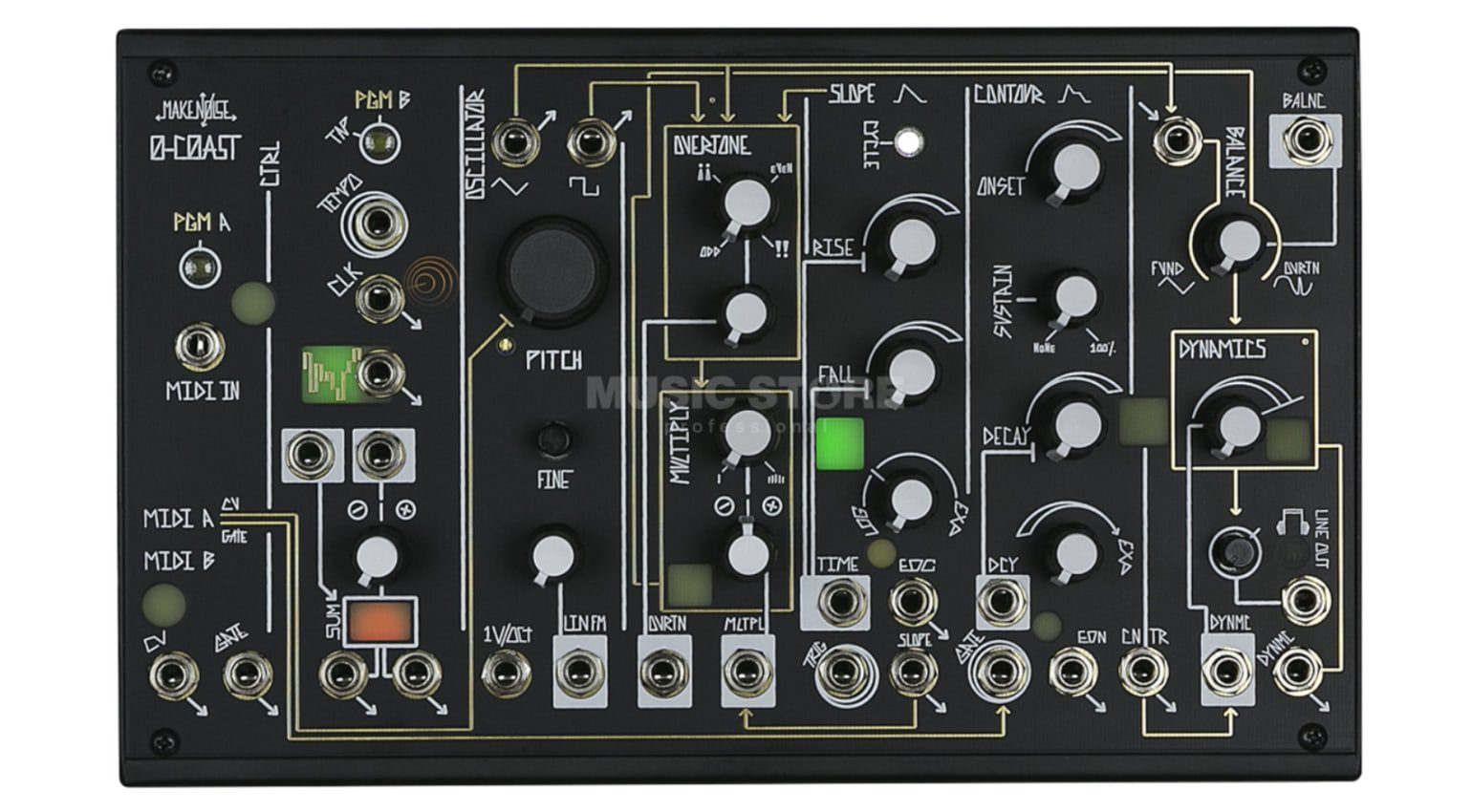 Am Make Noise 0-Coast sind die Patchpunkte über das ganze Panel verteilt.