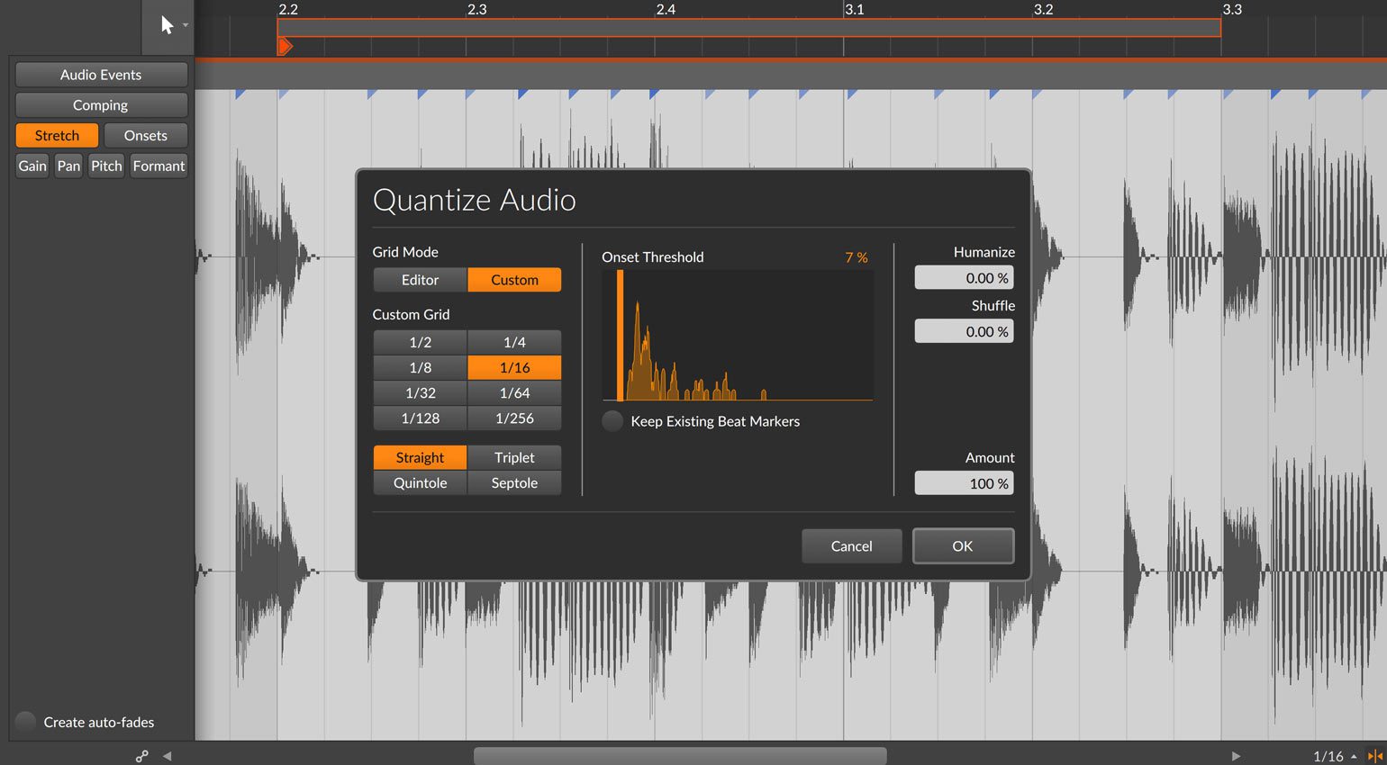 Quantisieren von Audio in Bitwig Studio 5.1