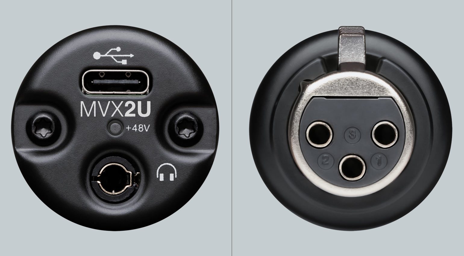 Die Anschlüsse des Motiv MVX2U: Auf der einen Seite XLR, auf der anderen Seite USB und sogar ein Kopfhöreranschluss
