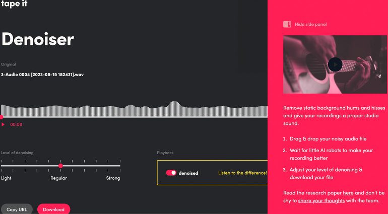 Tape it Denoiser: kostenloses Web Tool zum Entrauschen von Audiodaten