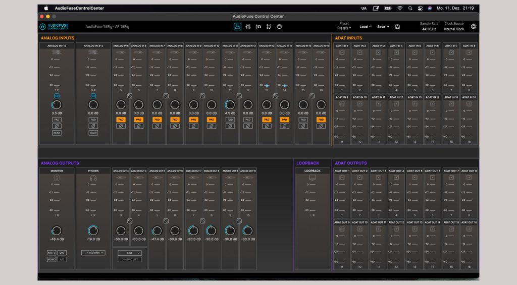 Die AudioFuse Control Center Software bietet umfangreiche Optionen für die Konfiguration