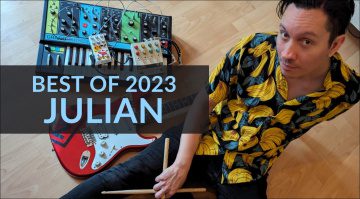 Best of 2023 Julian - Moog Grandmother, Chase Bliss Reverse Mode C, Hologram Chroma Console, Squier Stratocaster, Julian (v.l.n.r.)