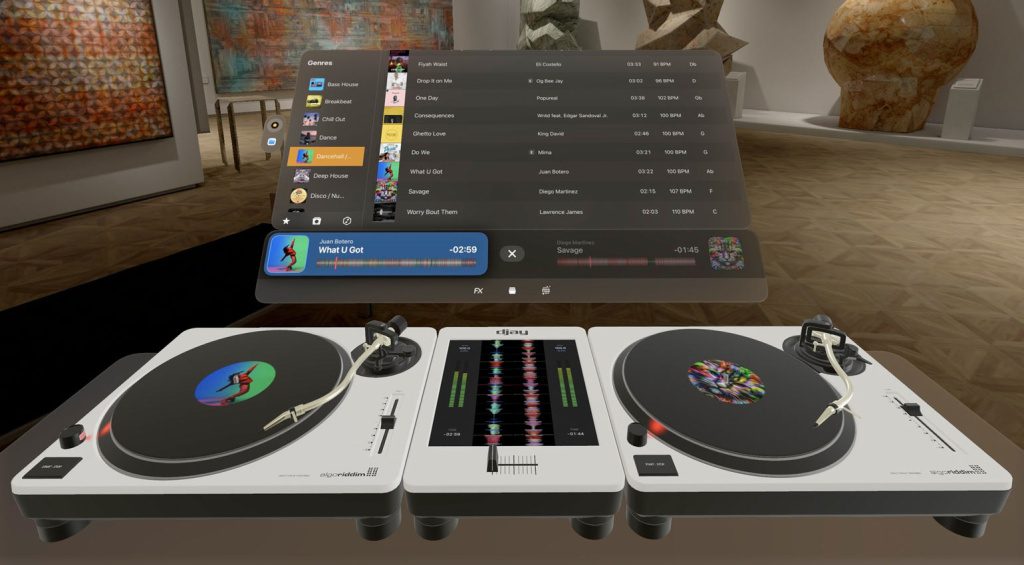 Das Interface von Algoriddim djay für Apple Vision Pro