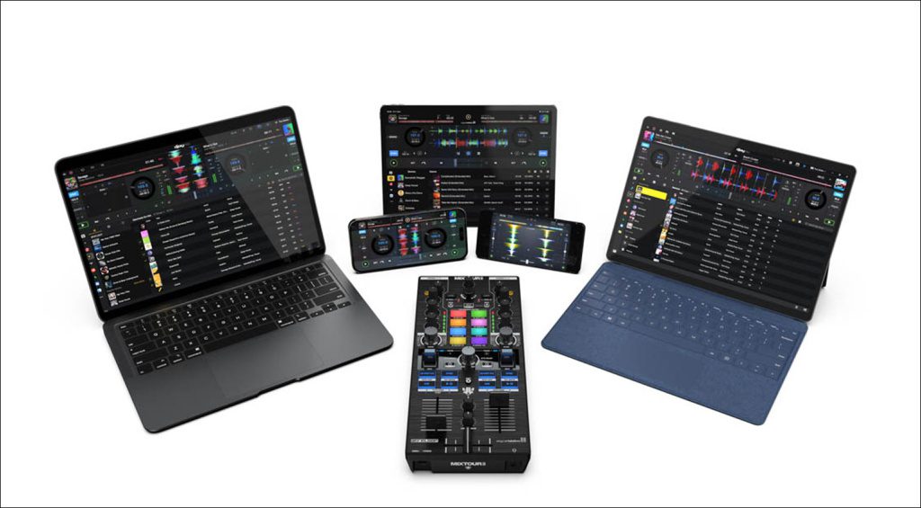 Mixtour Pro wurde extra für Algoriddim djay Pro entwickelt und wird über USB-C mit Rechnern, Tablets und Smartphones verbunden