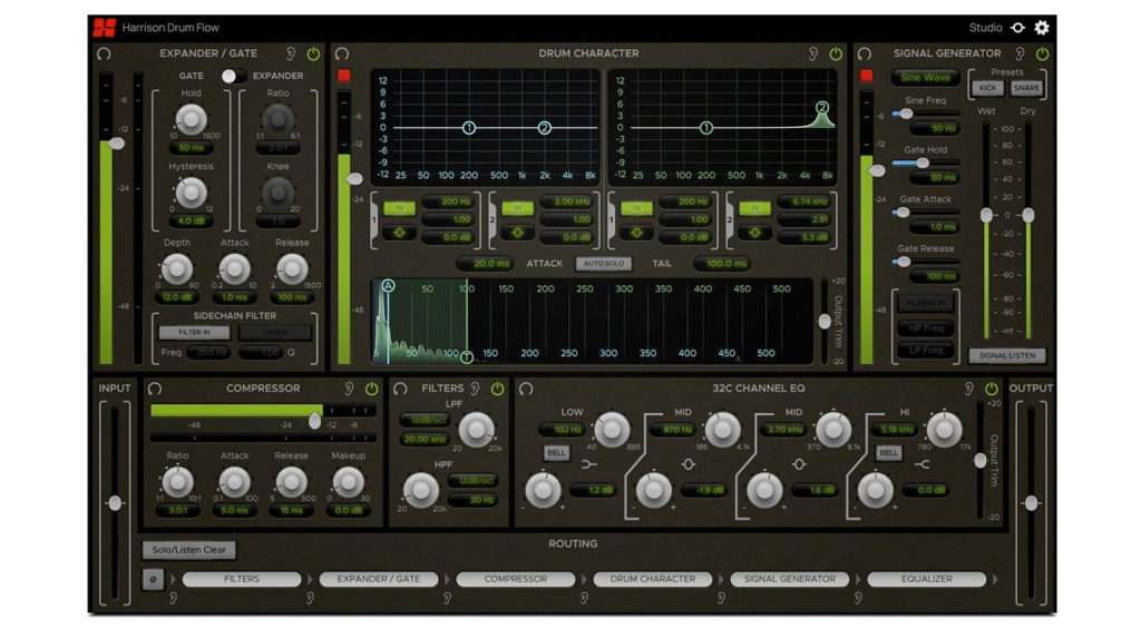 Plugins wie Harrison Drum Flow verfügen über mehrere Sektion für das Drum-Processing