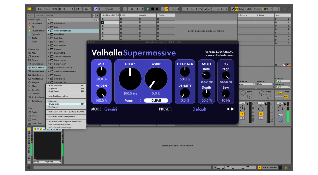 Zufall in Ableton Live: In diesem Beispiel nutzen wir dafür das Supermassive Delay von Valhalla DSP, das als Rack in einer Spur gruppiert wird