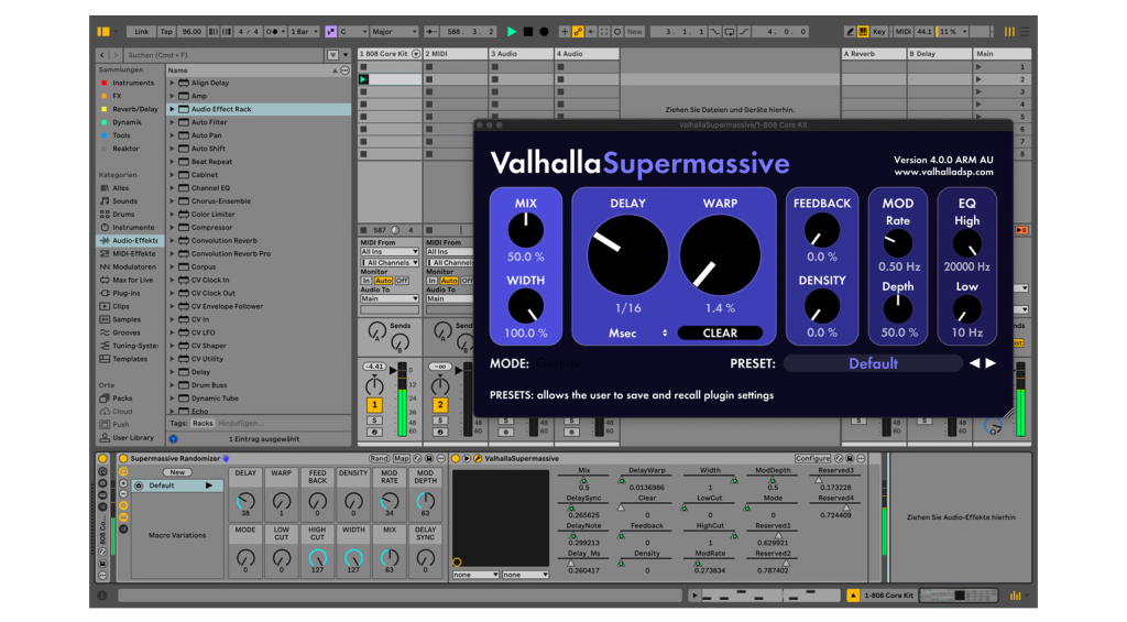 Zufall in Ableton Live: Mit einem Klick auf den Rand-Button am Rack erzeuen wir nun zufäälige Parameter-Einstellungen