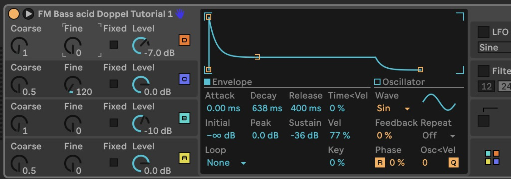 FM-Bass Acid-Rechteck - abgesenkte Levels, Zwei Stränge verstimmt um 120