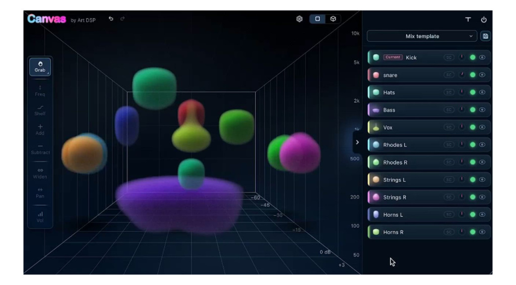 Einzelne Spuren werden in bunte Lichtpunkte auf einer virtuellen Soundbühne verwandelt