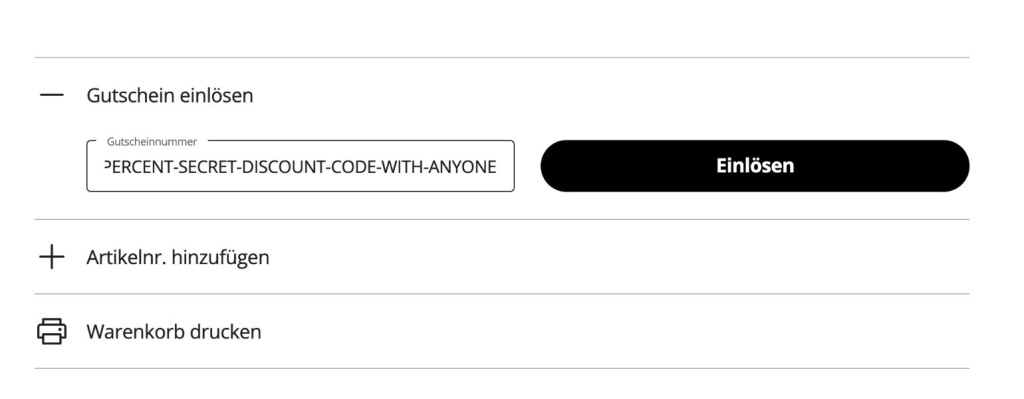 Der Code muss im Warenkorb an dieser Stelle reinkopiert werden, nur dann wird der Rabatt aktiviert