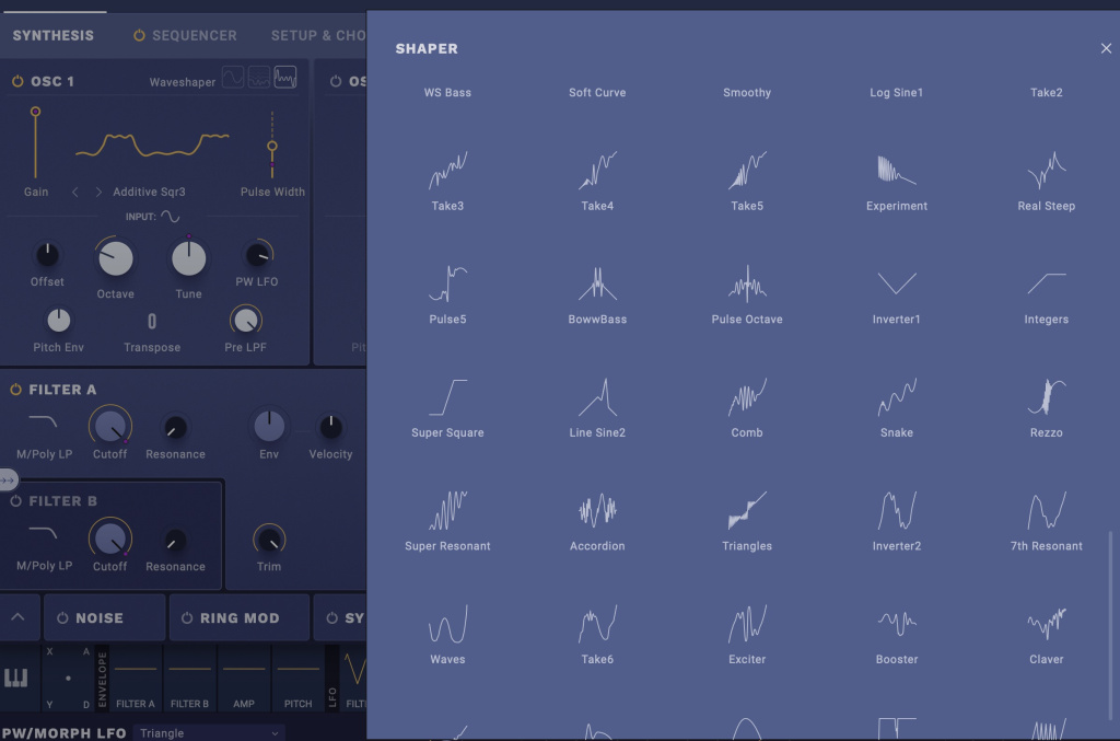 Waveshaping im Korg multipoly mit vier Waveshapern und 100 Shaping-Formen